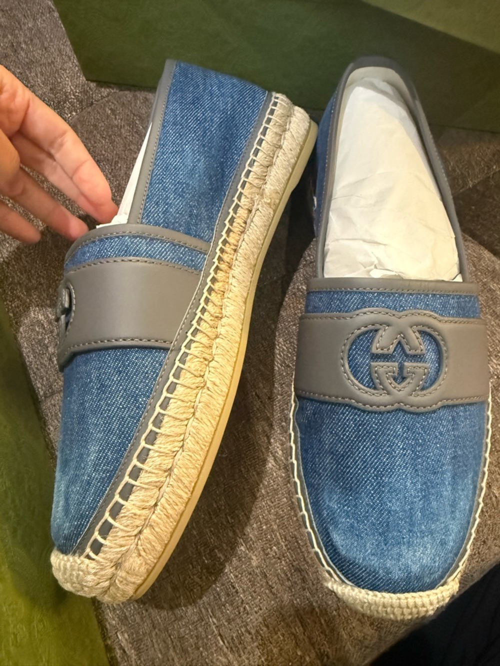 Gucci Blue Denim Espadrille Loafers with Gray Leather Band